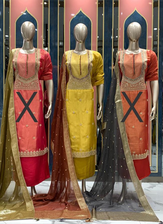 Shimmer Tissue Yellow Traditional Wear Hand Work Punjabi Dress Material